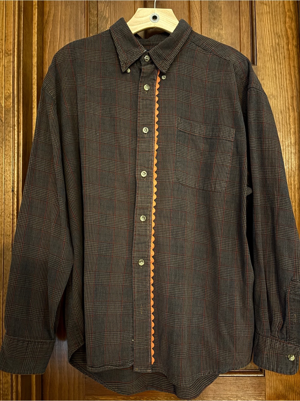Upcycled men flannel shirt with Rick rack trim